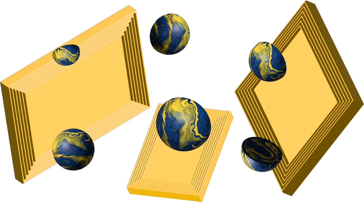 Esferas marmoleadas y marcos 3D en tonos navy y dorado